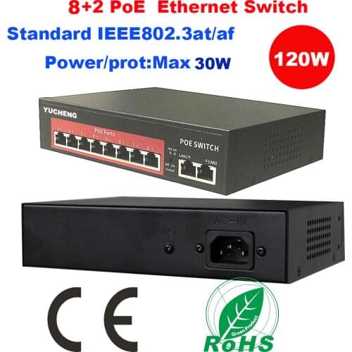 8CH Port POE 120W Ethernet Switch IEEE802.3 at/af 10 Port 8+2 POE Injector Power Over Ethernet Switch