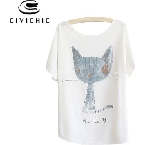CIVI CHIC Summer New Cute Tees Cartoon Cat Print Women T-shirts Lovely Girl Bat Sleeves Tshirt One Size Round Collar Tops WST60
