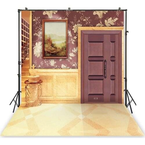 Home Door Background Amaranth Floral Wallpaper Marble Floor Interior Backdrop Photocall Studio Photo Shoot Filming Pictures