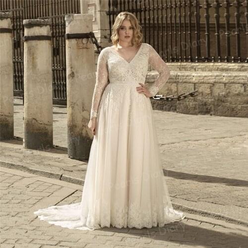 Elegant Boho Lace Wedding Dresses Beach V Neck Long Sleeve A Line Bride Dress Vestido De Noiva Sweep Train Bridal Gown Plus Size