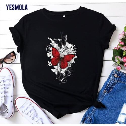 YESMOLA Butterflies Print Tshirt Oversized T Shirt O Neck Short Sleeve Graphic Tee 100%cotton T-shirt Summer Women Black Tops