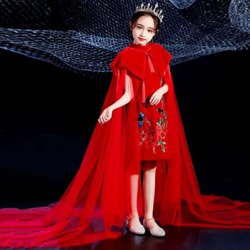 Red Embroidery Evening Dress With Shawl Kids Princess Dresses Chinese Style Wedding Dress Children Costume Catwalk Party Gown