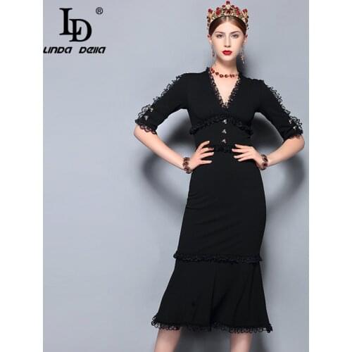 LD LINDA DELLA Fashion Runway Summer Dress Womens V-Neck Vintage Black Lace Patchwork Bodycon Sexy Mermaid Party Dress 2018