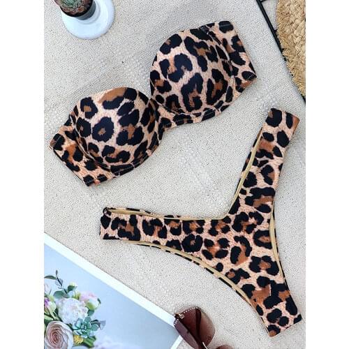 2020 Leopard Snake Print Thong Bikini Push Up Swimsuit Female Swimwear Women Two-pieces Bikini set Bra Cup Bandeau Bathing Suit