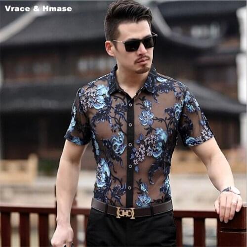 Summer 2018 New arrival exquisite flower pattern fashion short sleeve shirt High-quality silk hollow breathable men shirt M-XXXL