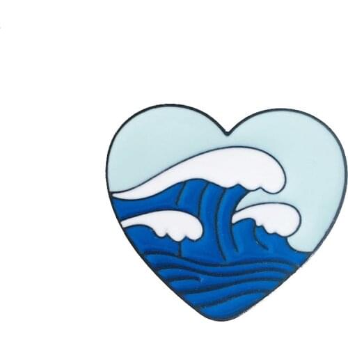 Heart Shaped Sea Metal Enamel Brooch Creative Fashion Wave Badge Pin Summer Surf Trendy Glamour Costume Jewelry Gift