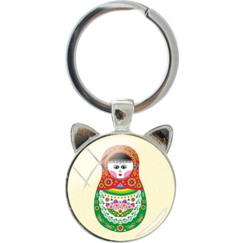 NEW Russian Matryoshka Trend Keychain Handmade Silver Plated Cat Ear Keychain Fashion Mens and Womens Bags Accessories