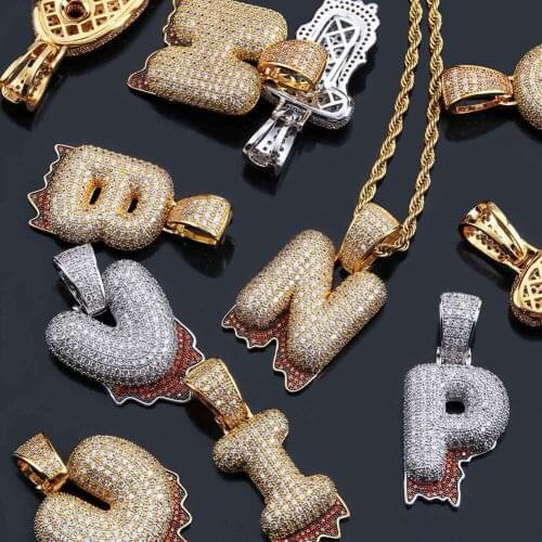 OMYFUN DIY Red Drip Bubble Letters Hip Hop Bling Jewelry Silver Gold Color Alphabet 3A CZ Iced Pave Initial Necklaces & Pendants