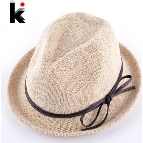 Fashion Spring Solid Straw Sun Hats With Bow-knot Ribbon For Women Summer Beach Caps Men Unisex Panama Chapeu De Praia Ete Femme