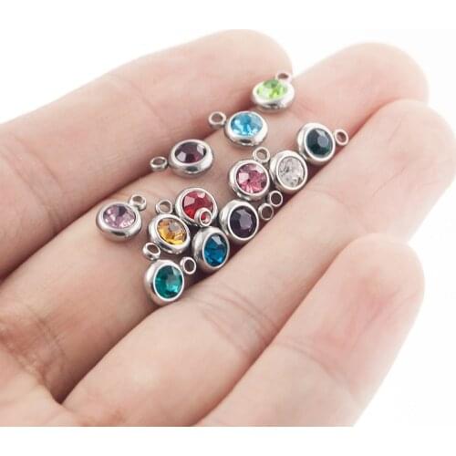 6mm Stainless Steel Birthstone Charms 12 Colorful Crystal Charm Naissance Geboortesten For DIY Jewelry Making Wholesale 60pcs