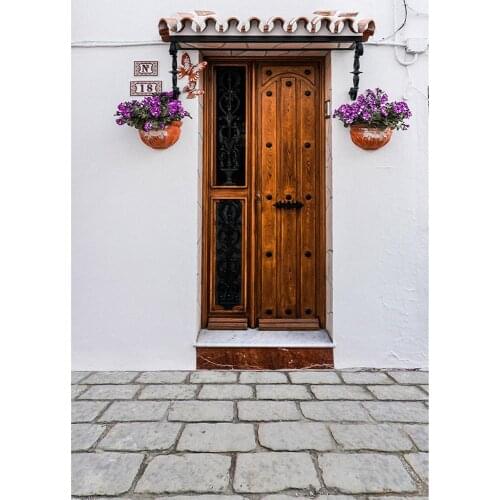 White Wall Vintage Wooden Door Potted Photo Backdrops Vinyl Background Photo Studio for Child Baby Portrait Photography Props