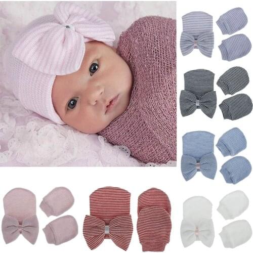 Newborn Baby Hats Girls Boys Striped Bownot Woolen Headgear Warm Hat New Born Cap Knit Glove Hair Accessories Knot Kids Turbans