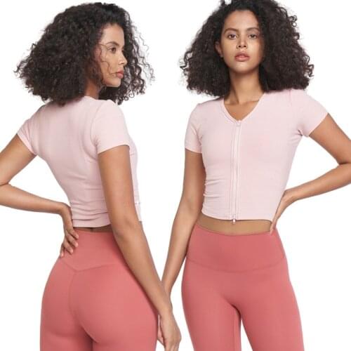 Front Zipper Sport Jacket Elastic Slim Women Double Zipper Easy To Put On And Take Off Quick-Drying Running Short-Sleeve T-Shirt