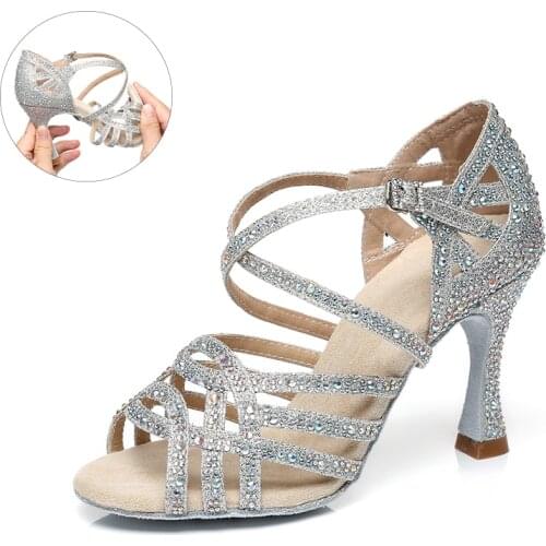 Girls Rhinestone Latin Dance Shoe Sliver Women Soft Bottom Bachata Ballroom Dancing Shoes for Woman Dance Sandals Heel5cm/10cm