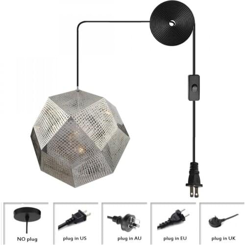 Vintage Metal Globe Hanging Light Fixture with Cord and Switch Industrial Plug In Pendant Lighting Silver Steel Finish