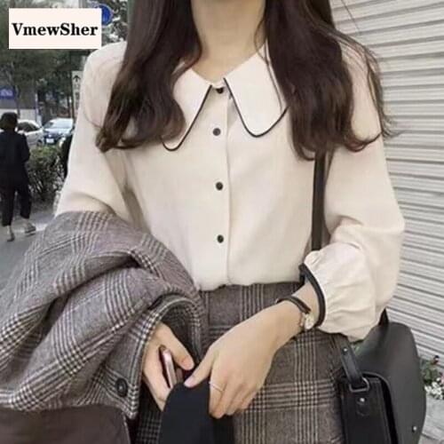 VmewSher New Peter Pan Collar Spring Autumn Women Shirt Ladies Vintage Long Sleeve Blouse Casual Sweet Color Block Female Tops