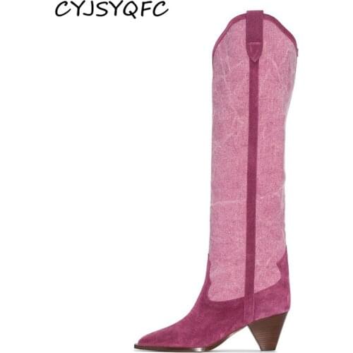 CYJSYQFC Autumn Winter Cow Suede Embroidered Women Knee High Boots Pointed Toe Patchwork Spike Heels Western Cowboy Long Boots