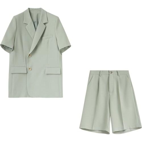 Womens Summer Suits Short Sleeve Blazers Double Breasted Black Solid Casual Suit Jackets Half Shorts Pants Loose Elegant Suit