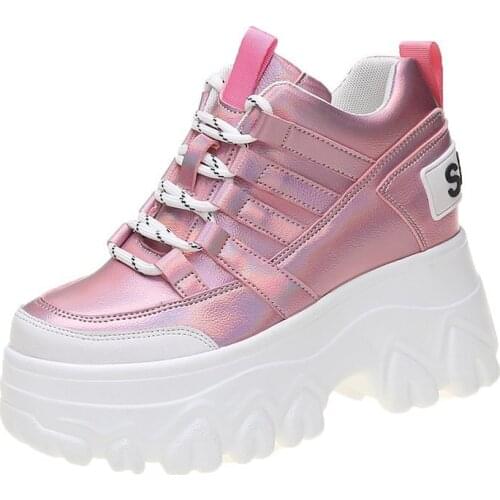 2021 Spring Women Platform Chunky Sneakers Fashion 10cm High Heel Lace-up Vulcanize Shoes Female Height Increasing Casual Shoes