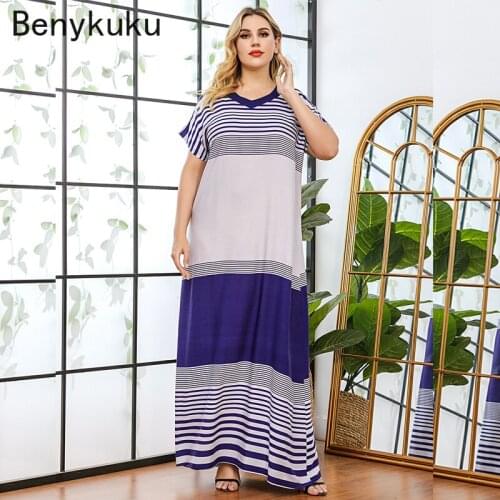 Viscose Striped Print Maxi Dresses for Women 2021 Plus Size Summer Long Kaftan Casual V Neck Short Sleeve Muslim Arabic Clothing