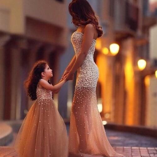 Luxury Champagne Strapless Full Pearls Mermaid Prom Dresses Long 2021 Arabic Dubai Evening Prty Gowns Vestido De Festa Longo
