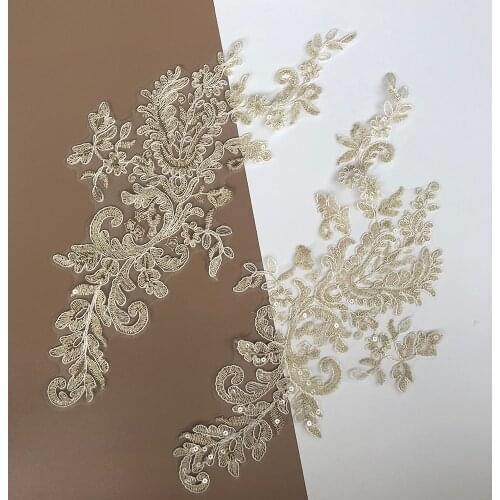 1Pairs Champagne Gold Clear Sequins Floral Motif Venise Venice Guipure Cording Lace Trims Applique Fabric For Wedding Dress