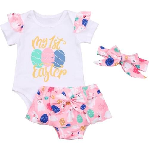 2021 New Easter 0-18M Baby Girl 3Pcs Set Eggs 1st Letter Print Ruffled Short Sleeve Bodysuit+Garland Rabbit Shorts+Headband