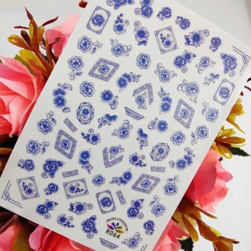 3D Nail Sticker Art Beautiful Blue Flowers Pattern Self Adhesive Stickers for Nails Decoraciones foil Manicure Slider Accesorios