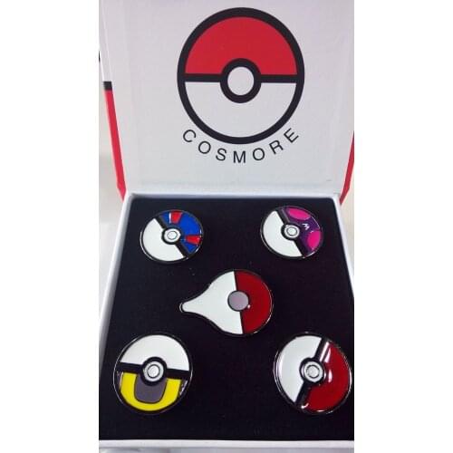 5pcs Game Pokemon GO Pokeball Ultraball Masterball Kanto Metal Badges Cosplay Collection Pins+Box Gift For Adult Kids