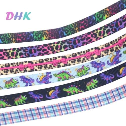 DHK 3/8'' 5yards Leopard Dinosaur Grid printed grosgrain ribbon Accessory hairbow headwear DIY 9mm Decorations C1929