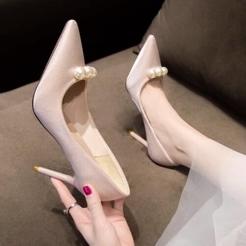 Elegant Pearl Small Heel Single Shoes High Heels Pumps Female Stiletto Wedding Shoes Xiuhe Wedding Dress Two Wear Party Shoes