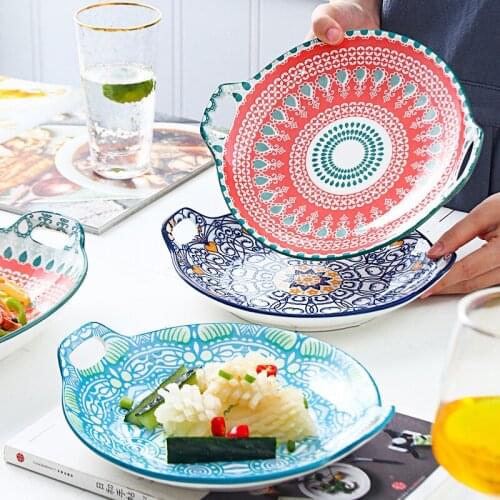 Nordic Ceramic Plate With Double Handle Round Shape Support Oven Underglaze Color Porcelain Tableware