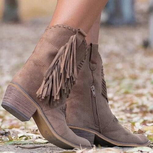 Jodimitty Classic Tassel Western Cowboy Boots for Women Leather Cowgirl Boots Low Heels Shoes Winter Boots Zapatos De Mujer
