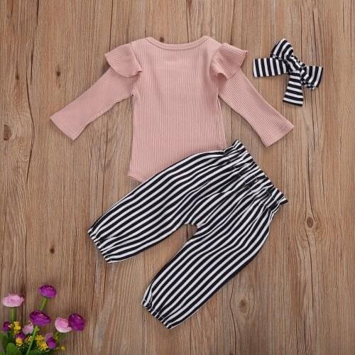 Baby Girl’s Clothes Fresh Solid Color Long Sleeve Jumpsuit and Stripe Floral Long Pants with Headband