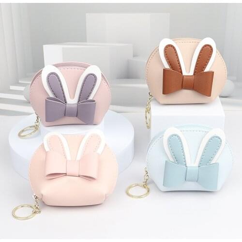 Cute Womens Zipper Change Headset Bag PU Card Case Keychain Rabbit Ears Portable Waterproof Ladies Lipstick purse Makeup Bag