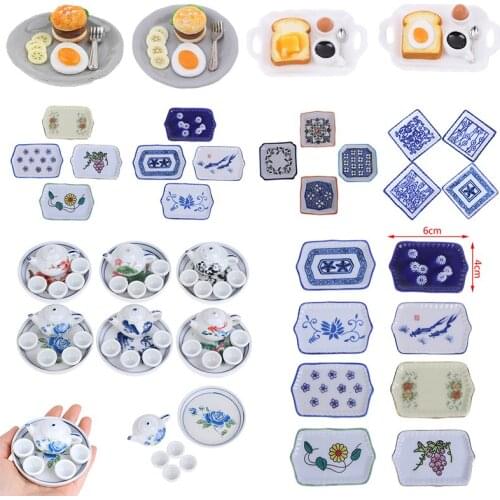 1:12 1:6 Doll House Tableware Plates Tray Mini Model Furniture Accessories Glass Texture Tea Cup Saucer Fruit Plate Salad Bowl