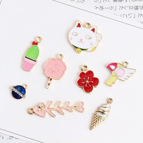 2017 New 50pcs/lot colorful enamel alloy animal cartoon Cat/Cactus/Marshmallow/Sakura Fish/Magic Bar shape floating locket charm