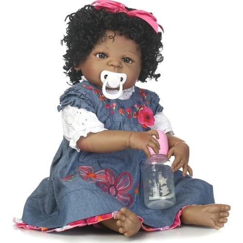 NPK 57CM Full Body Silicone Black girl Reborn Baby Doll fake baby wavy hair wig Children Bathe Playmate Toy Lifelike Bebe Menino