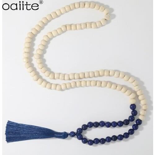OAIITE 8MM Semi-Precious Gem Stones Wood Mala Bead Necklace Tassel Charms Chain Necklace Beaded Pendant Necklace for Women Men