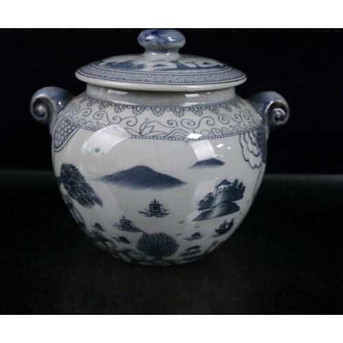 Early Chinese Collection Ceramic Blue-and-white Landscape Pattern Double-ear Jar