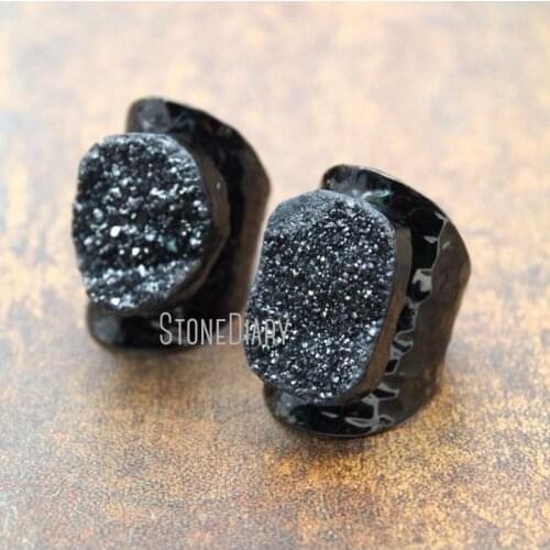 RM15304 5Pcs Titanium Black Druzy Crystal Ring Gunmetal Plated Free Form Ring On Sale Adjustable
