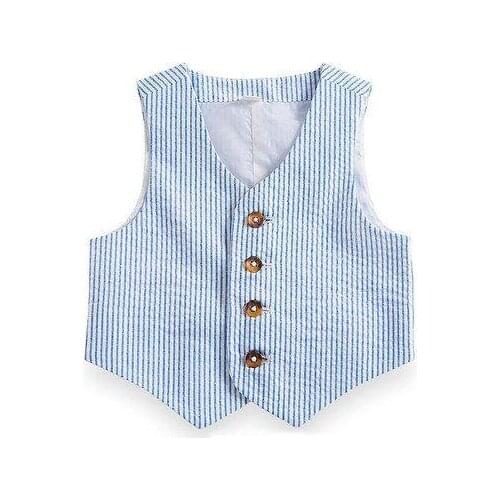 Blue Pinstripe Cotton Seersucker Boys Vest Children Suit Vest Slim Boys Formal Wear Kids Prom Suit Waistcoat Wedding Vest