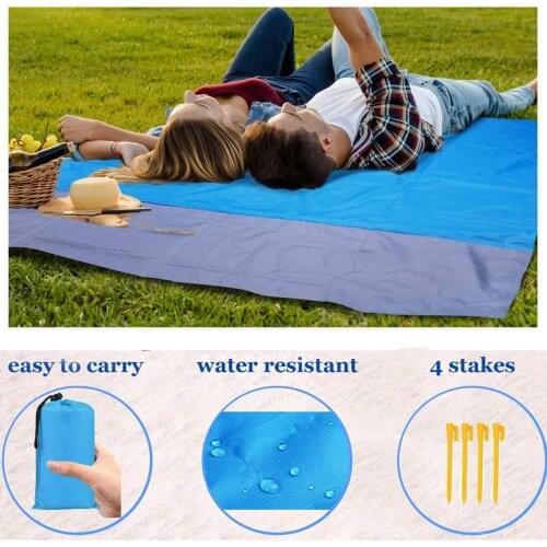 Outdoor Picnic Blanket Portable Camping Ground Mat Waterproof Beach Pocket Blanket with 4 Anchor Stakes Compact Storage Bag