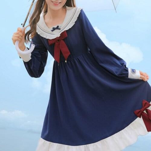 Japanese Women Preppy Style Sailor Collar Jk Uniform Long Sleeve Dress Female Student Sweet Bowknot Ruffles Lolita Party Dresses