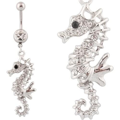 New Fashion Sexy Shining Rhinestone Sea Horse Belly Rings for Women Body Piecing Jewelry