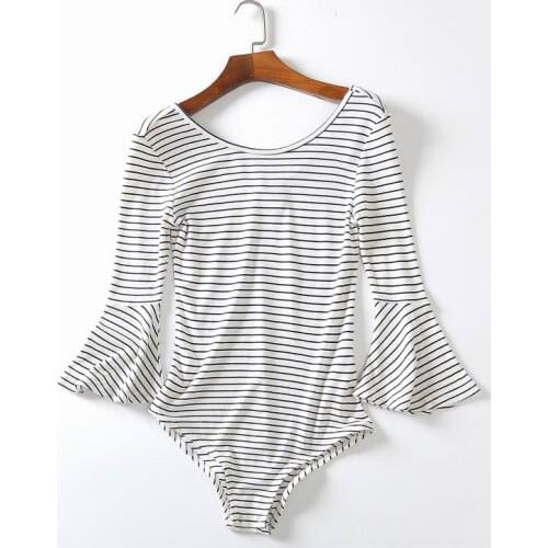 Women Spring Summer Rompers Body Femme Sexy Flare Sleeve Striped Bodysuit Round Neck Elegant Party White Blue Playsuits Overalls