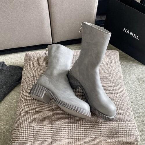 Autumn New Woman Chelsea Boots Girls Soft Shoes Women Mid Calf Heels Ladies Leather Modern Boots Female Brand Motorcycle Boots