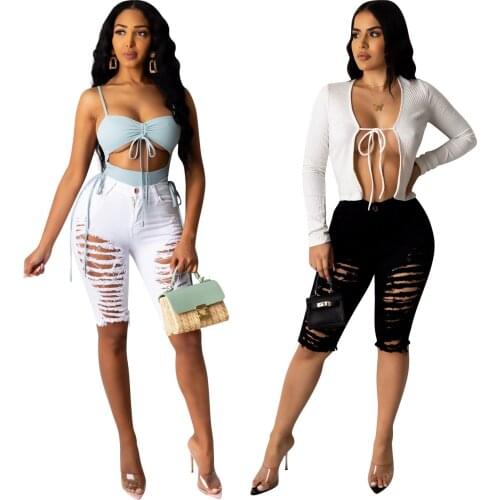 Echoine Womens Slim-Fit Ripped Tassled Jeans Shorts Sports Streetwear Hole Denim Sweatpants Joggers Casual Trousers Pantacourt