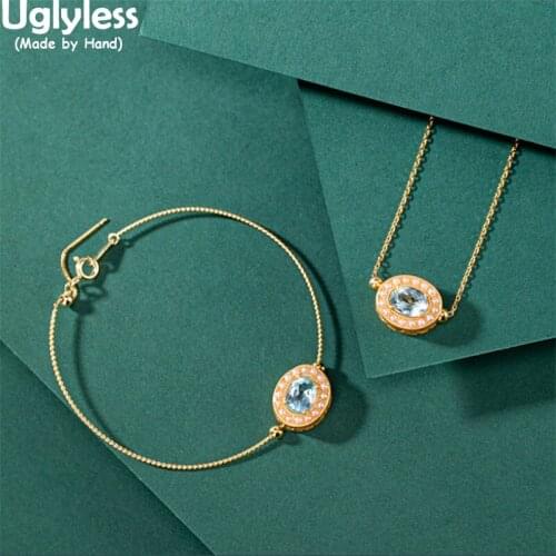 Uglyless Faceted Crystals jewelry Sets for Women Natural Pearls Bracelets Necklaces Oval Pendants + Chain Gold 925 Silver Bijoux