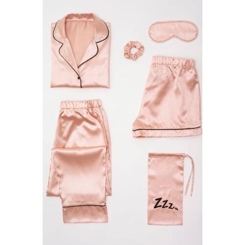 Womens Satin 6 Piece Pink Pajamas Set Buckle Shorts Long Pajama Bottoms and Shorts Polyester 100 Turkish Fabric